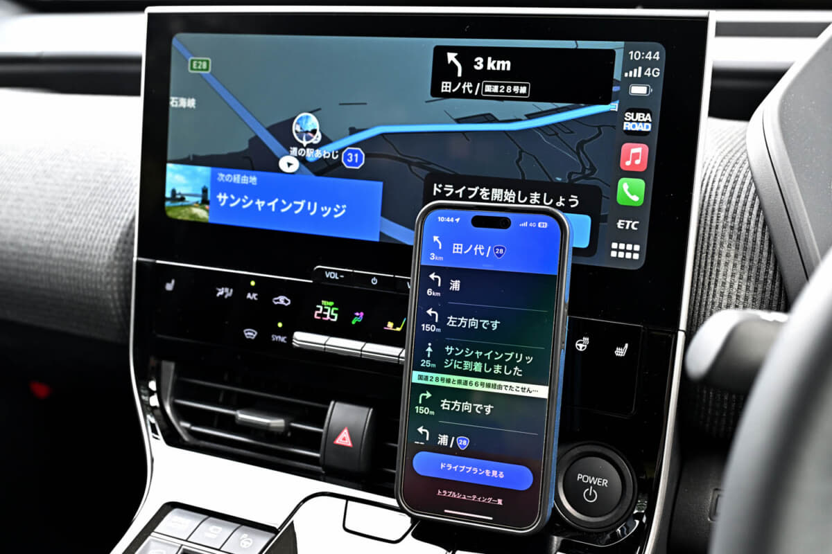 SUBAROADは2024年2月からApple Car Playに対応するようになり、ソルテラの大画面ナビは案内も見やすく走りやすかった